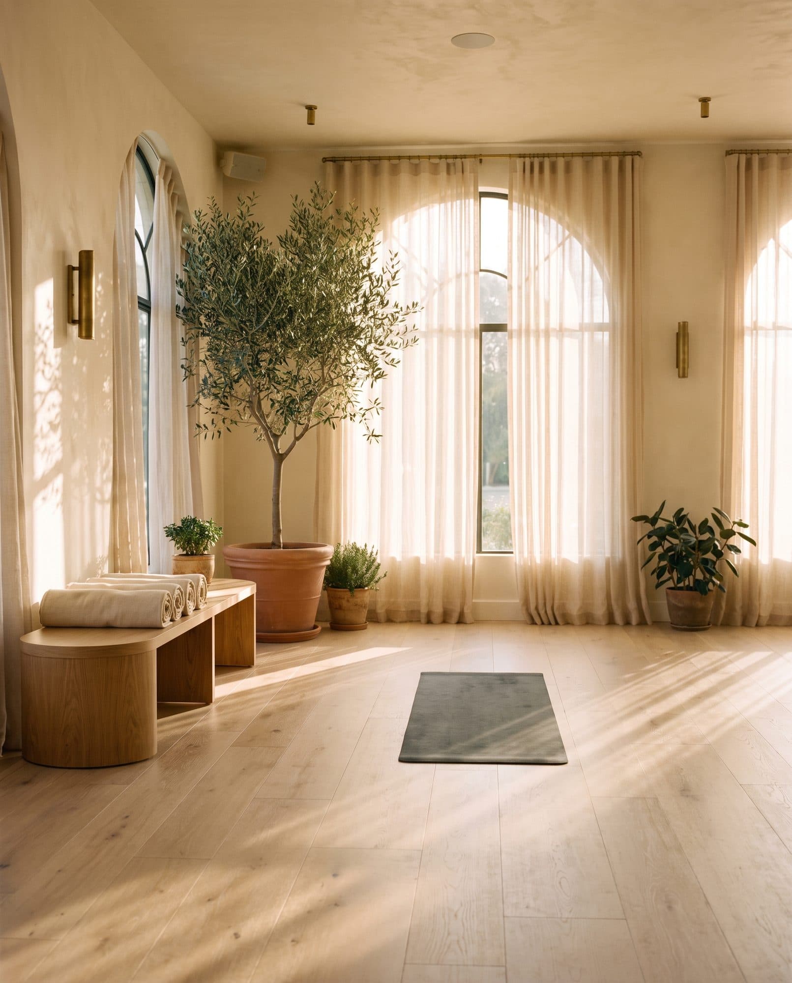 A sunlit recovery studio at dawn: arched windows behind linen curtains, an olive tree, rolled towels on an oak bench and one mat laid out on the floor.