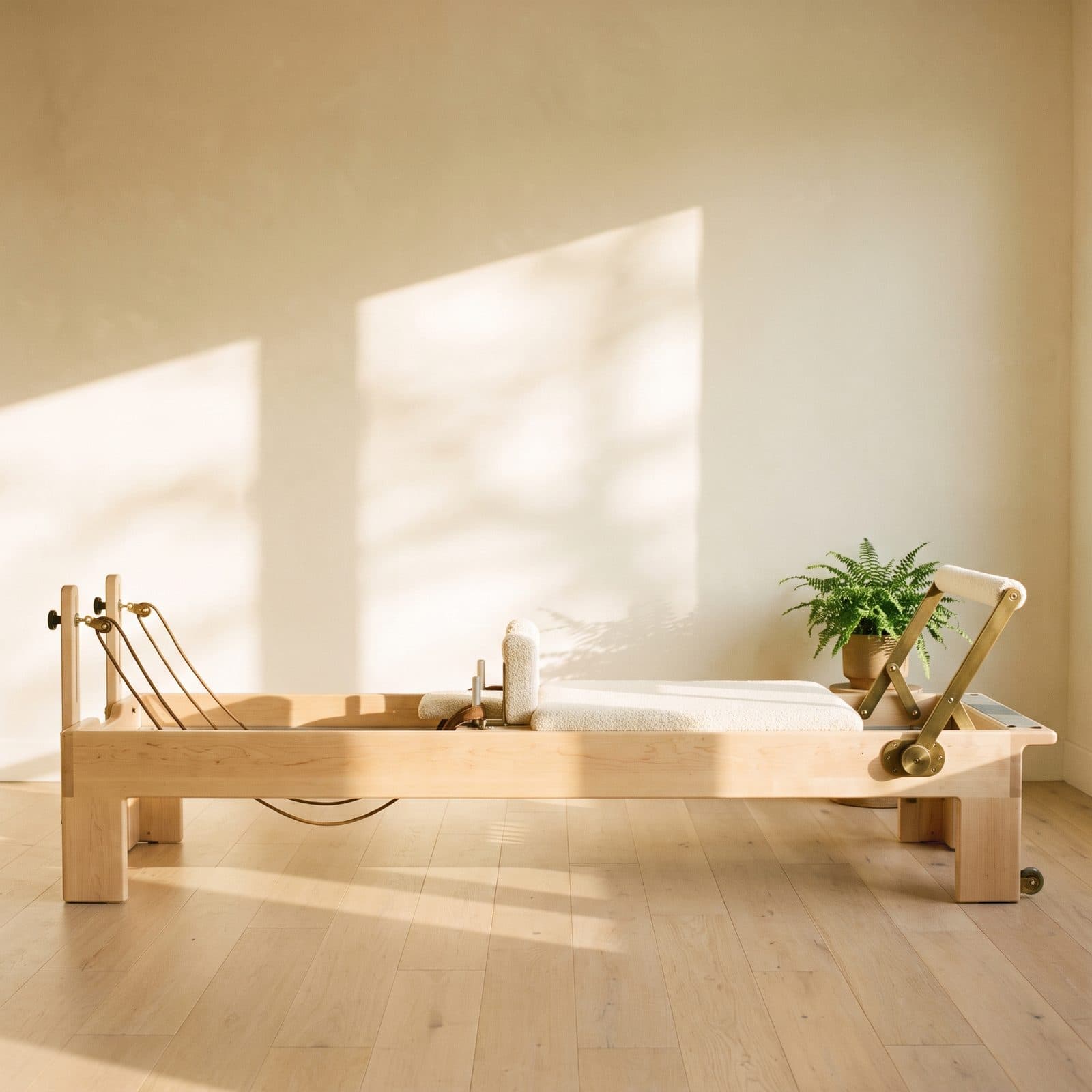A pale maple pilates reformer beside a tall window, sunlight falling across the oak floor.