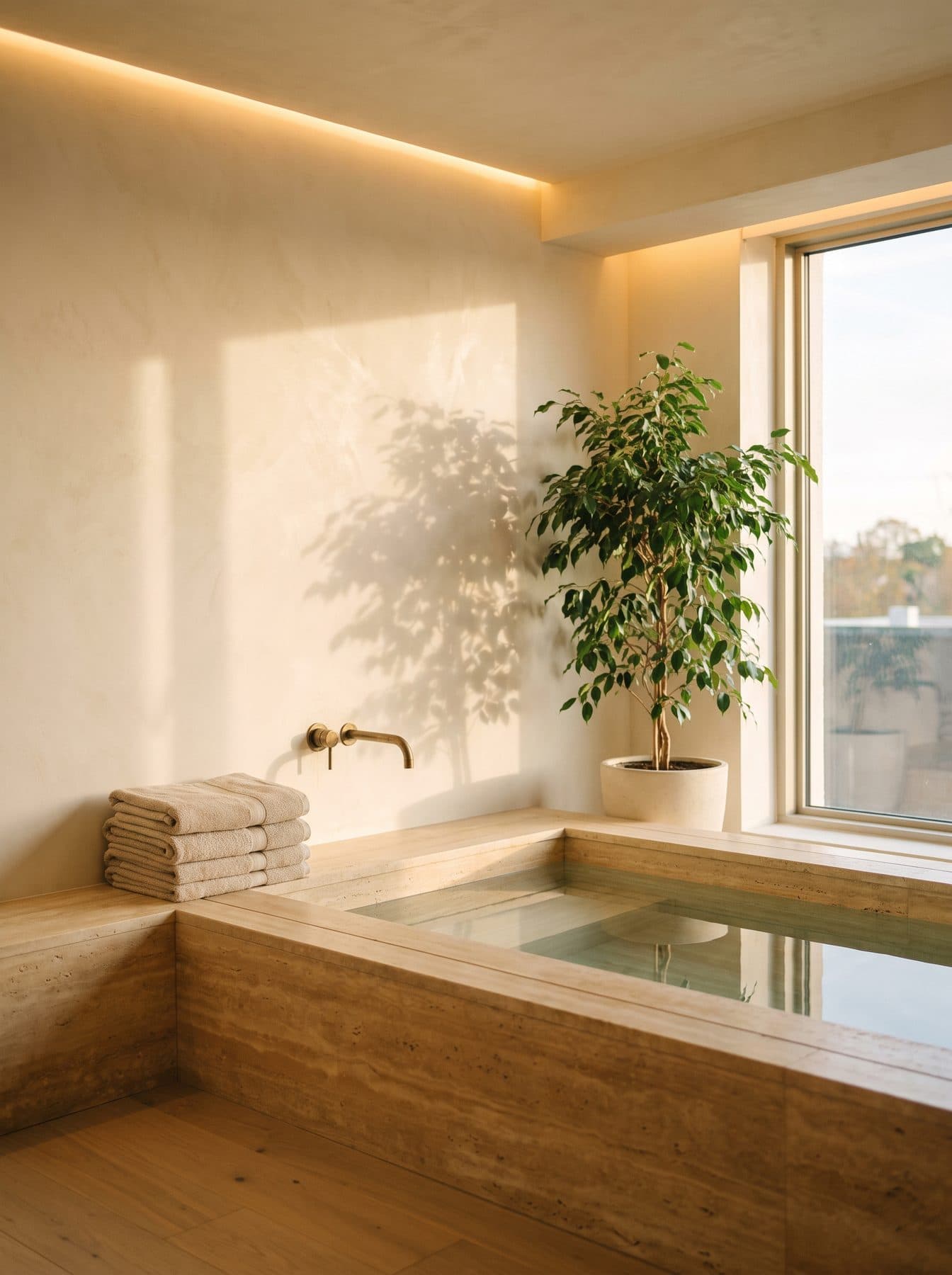 A travertine plunge pool with still clear water, folded linen towels on the stone bench beside it.